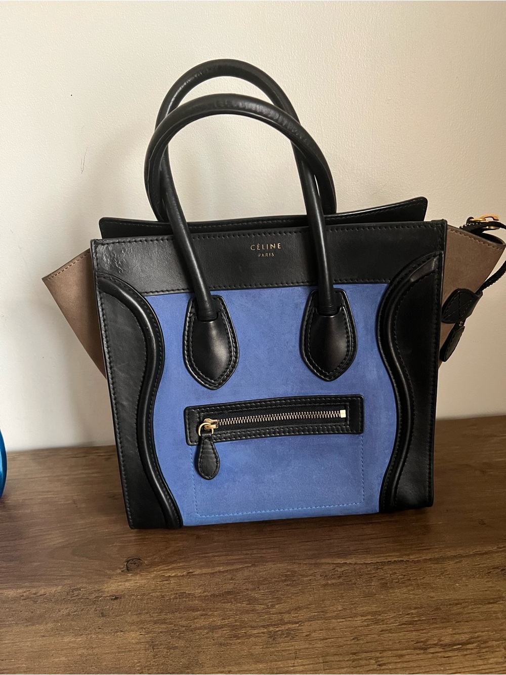 Celine Blue Suede Micro Luggage Satchel with Black and Taupe colorblock